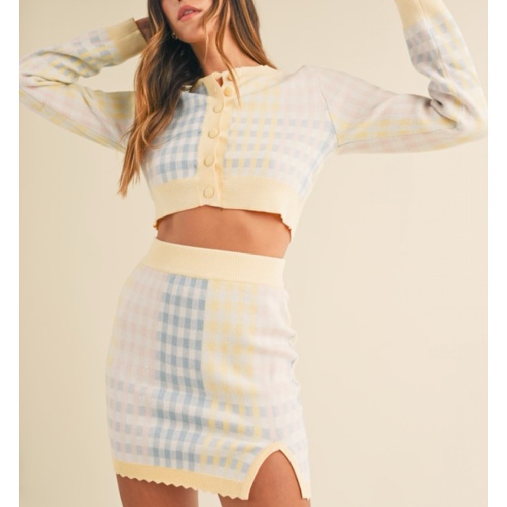 MABLE Soft Spring Pastels Color Block Checker Scalloped Skirt & Cardi Set - Picture 11 of 11
